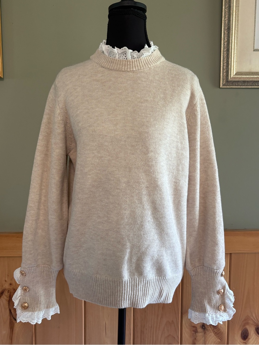 Cream Lace-Cuff Scoop Sweater with Lace accents on neck and sleeves. Size Medium